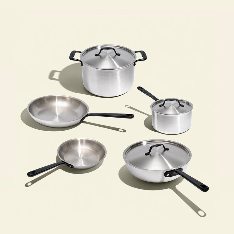 Batterie de cuisine en inox avec manches noirs, 9 pièces - Atma Kitchenware