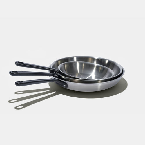 Pack Brigade - set de 3 poêles en inox avec manches noirs - Atma Kitchenware